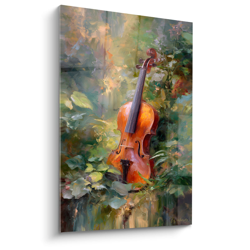 Tableau Musique violon ambré feuillage vert émeraude - Mélodie oubliée au jardin - Edition Musique