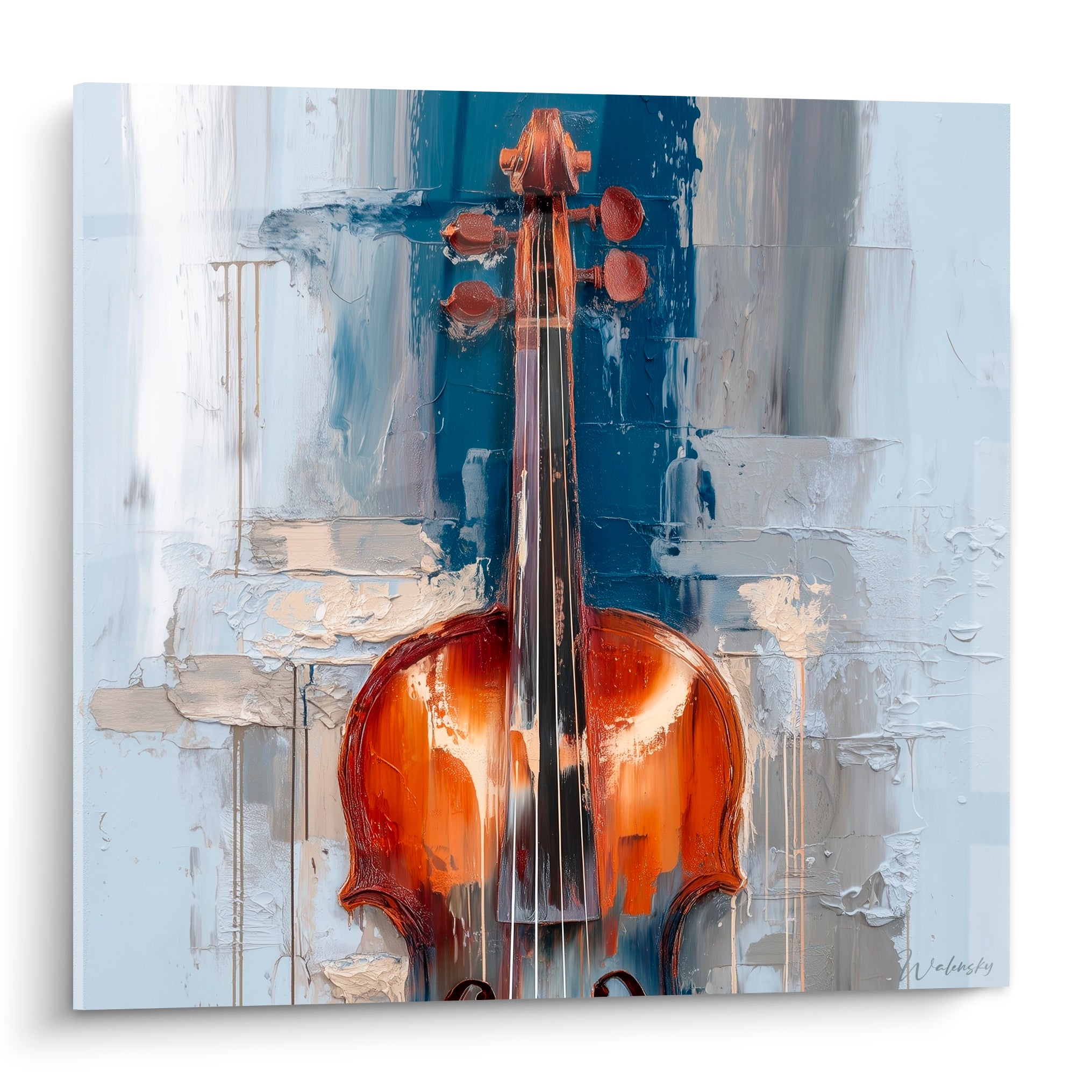 Violon ambré peint en relief, cordes tendues sur fond bleu marine et gris perle texturé