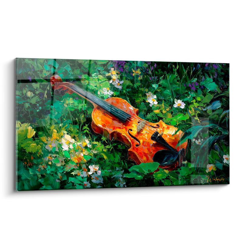 Tableau Musique orange et vert violon dans l'herbe - Fleurs sauvages blanches - Edition Musique