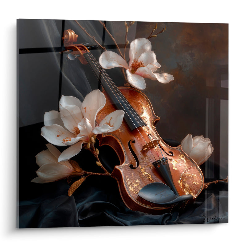 Tableau Musique violon brun doré tissu noir soyeux - Branches de magnolia - Edition Musique