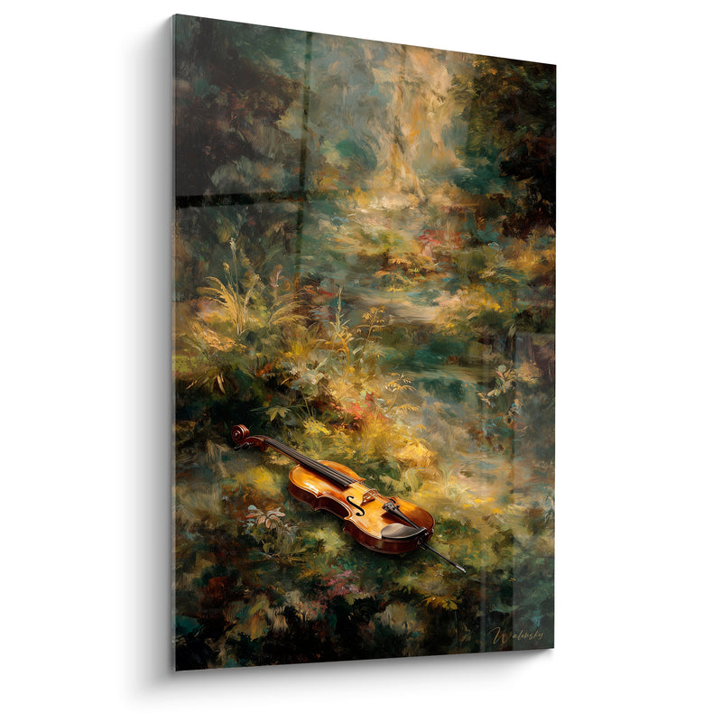 Tableau Musique violon ambré vert forêt clairière lumineuse - Sous-bois fleuri - Edition Musique