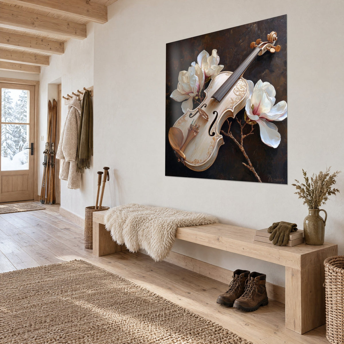 Tableau instrument à cordes crème posé sur des branches noueuses cuivrées, fleurs blanches rosées, mur de chalet en bois clair