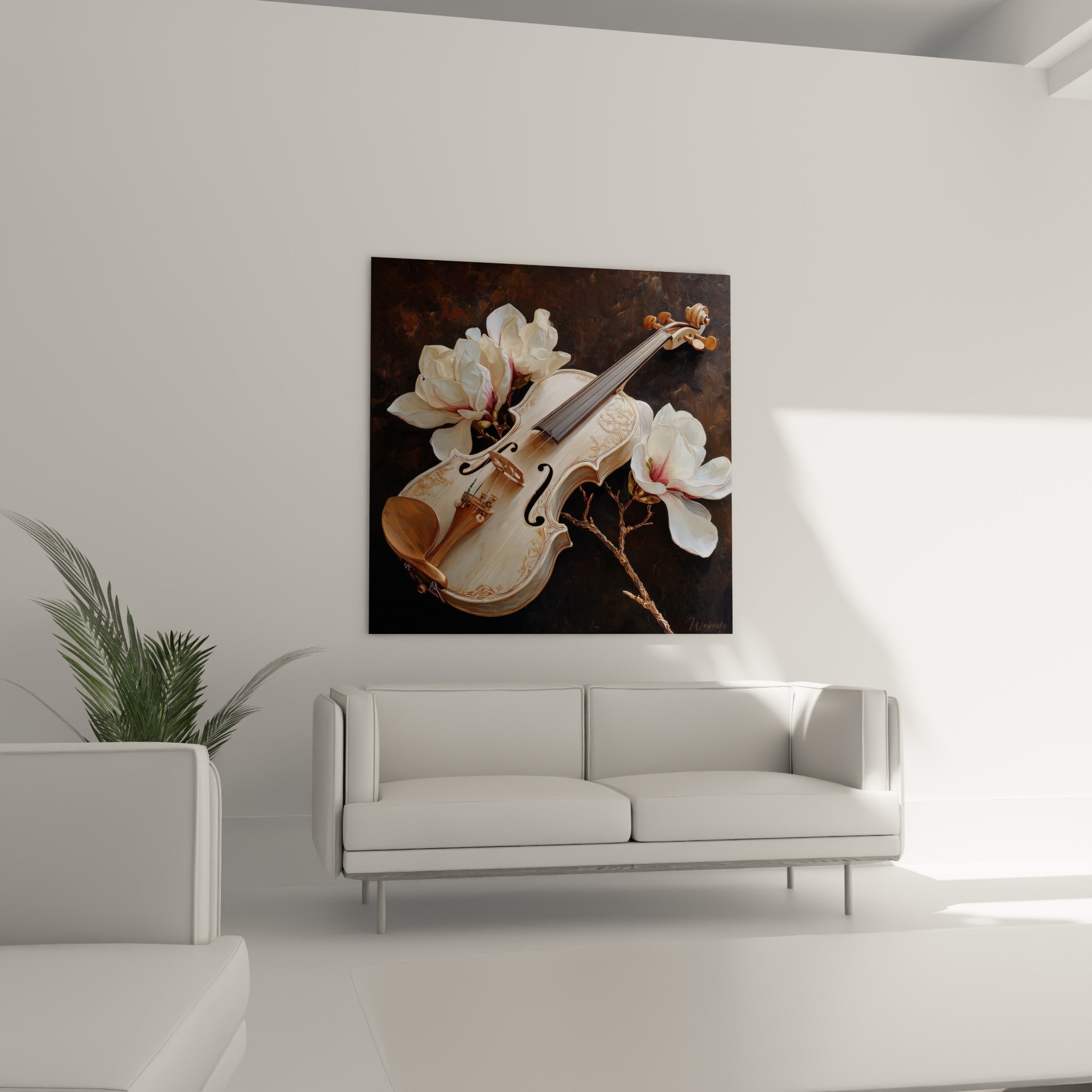 Caisse dorée du violon parmi les pétales blancs, placée au-dessus d'un canapé dans un salon lumineux