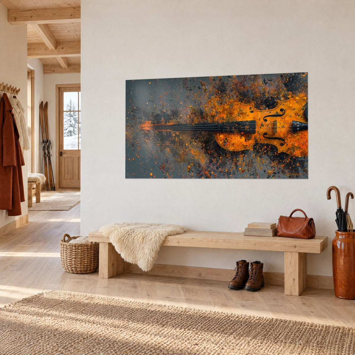 Tableau instrument à cordes orange flamboyant explosant en gouttelettes noires sur fond gris, manche sombre horizontal, banc en bois d'un chalet