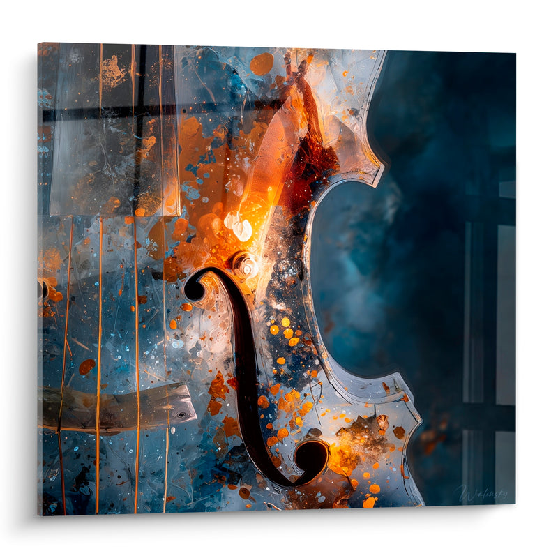 Tableau Musique bleu ardoise et ambre ouïe de violon - Éclaboussures dorées - Edition Musique
