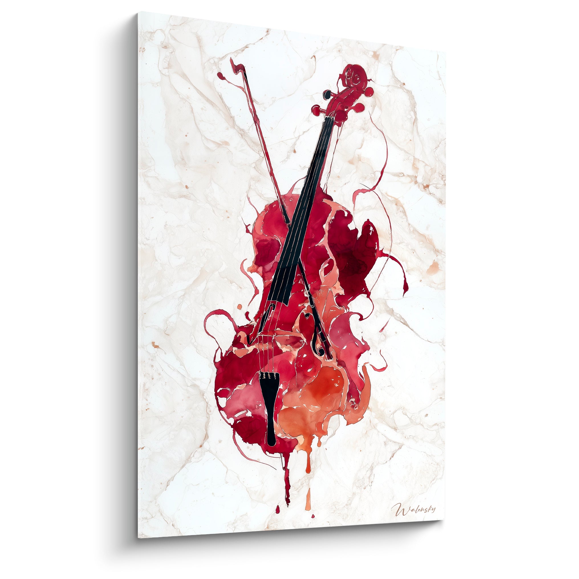 Violon en éclaboussures bordeaux et ocre sur fond marbré beige, manche noir précis, style aquarelle