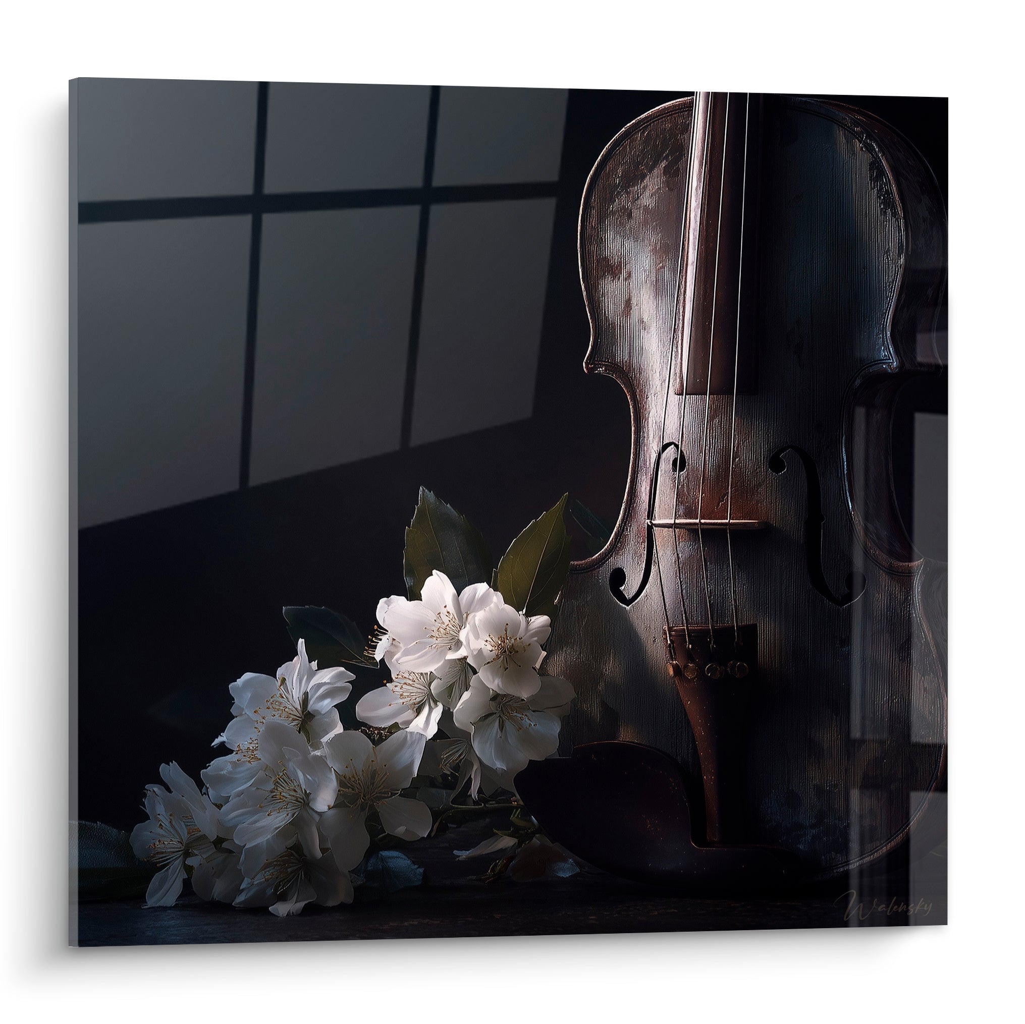 Violon brun patiné et fleurs blanches délicates devant une fenêtre aux ombres anthracite