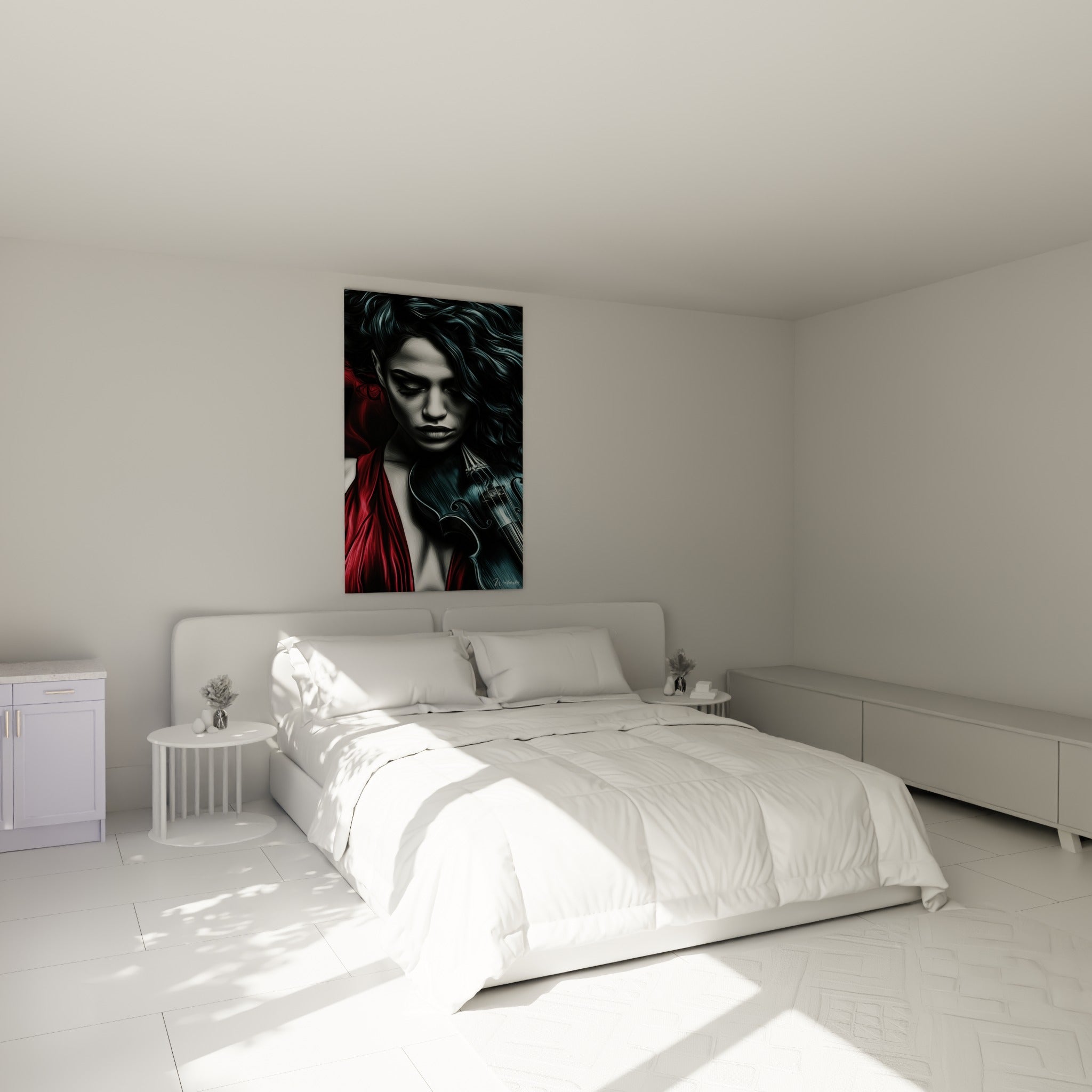 Musicienne au violon, tons rouge et gris argenté, accrochée au-dessus d'un lit dans une chambre claire