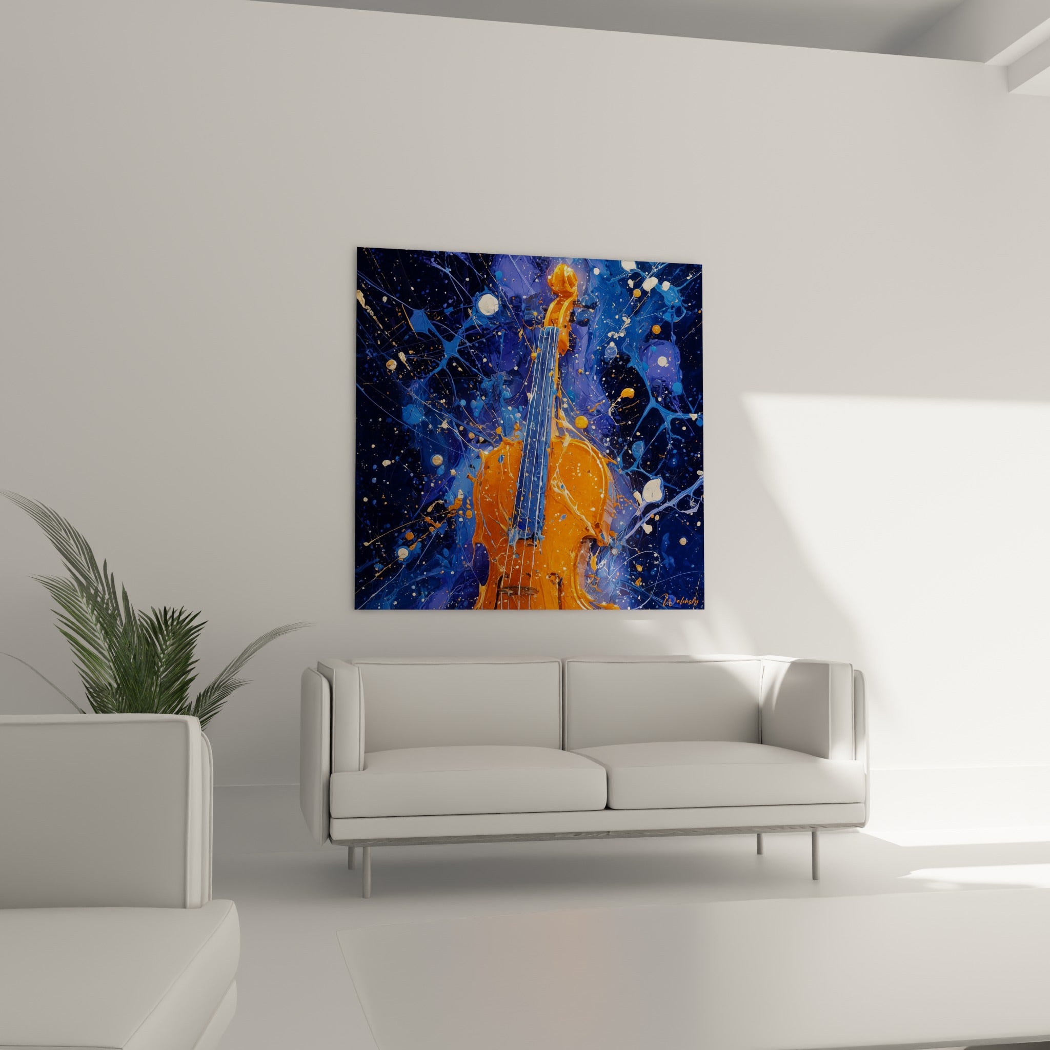 Caisse de résonance orange et cordes bleu pastel sur fond étoilé, au-dessus d'un canapé dans un salon lumineux