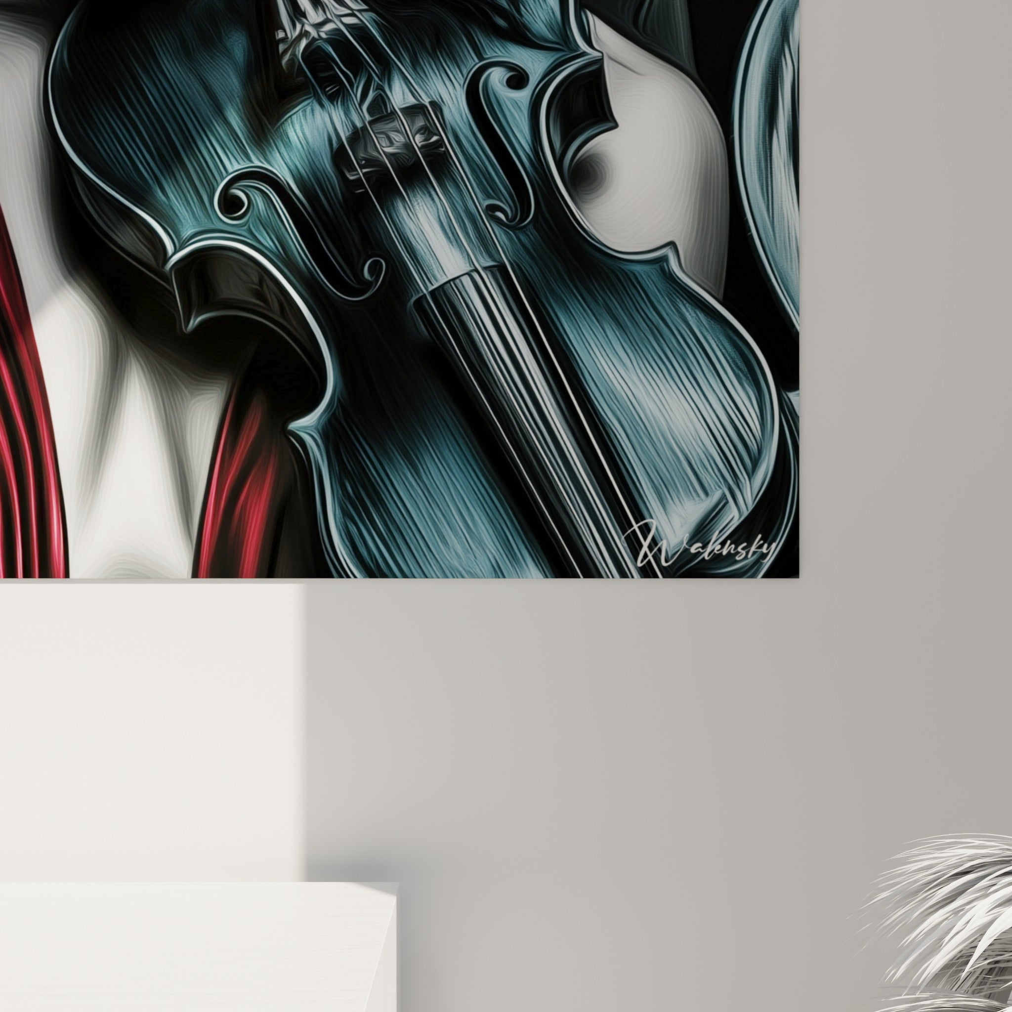 Mèches bleu nuit finement dessinées et plis du drapé rouge se rejoignant près des cordes du violon, matière riche