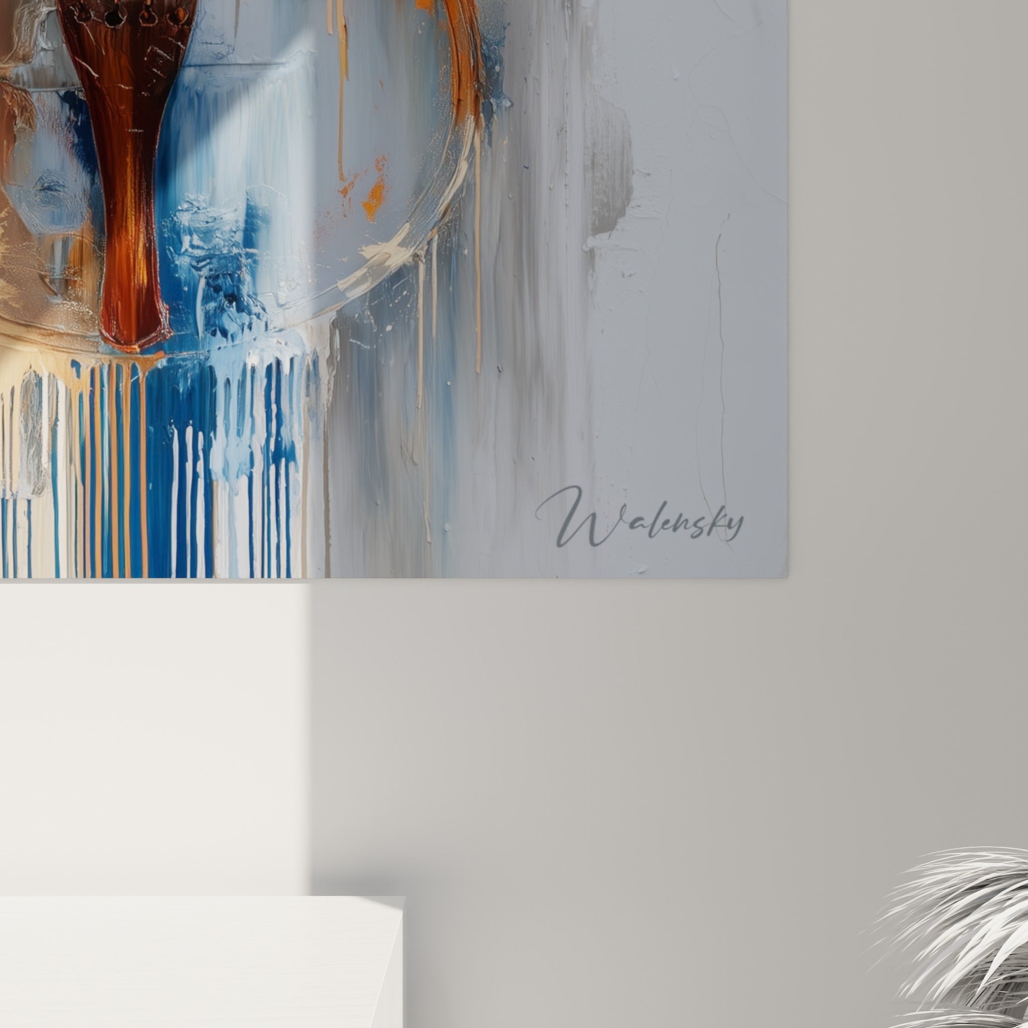Détail du chevalet et des cordes du violon, empâtements ocre et coulures bleu marine se mêlant sur la toile.