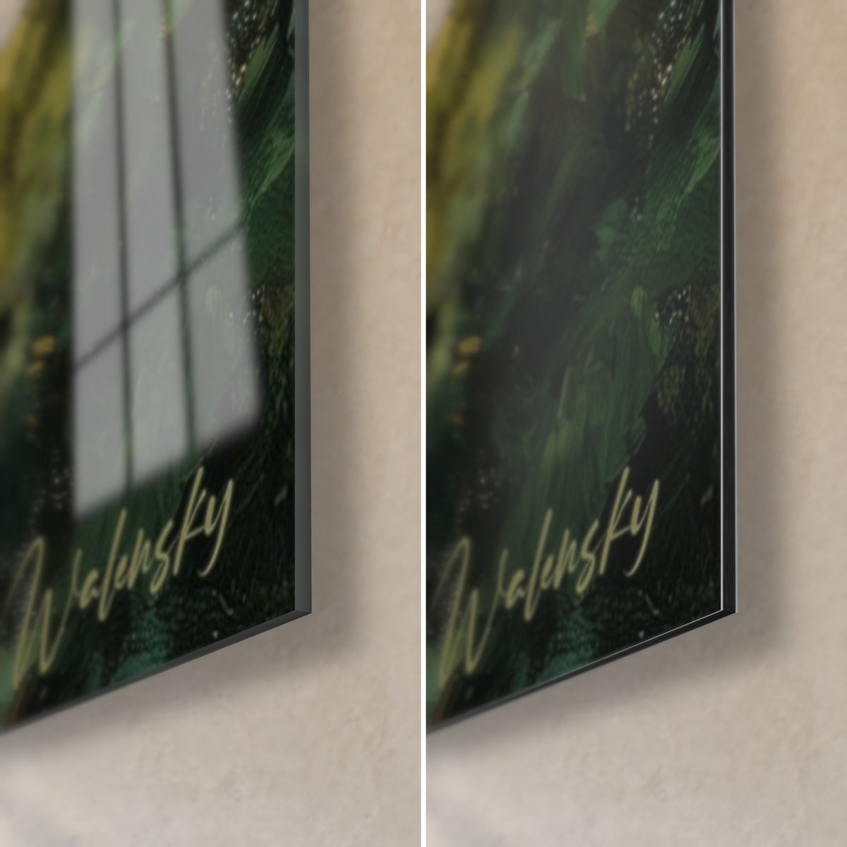 Tableau lutherie ambrée sur fond vert profond, signature dorée, coin bas droit en verre acrylique brillant et alu Dibond mat
