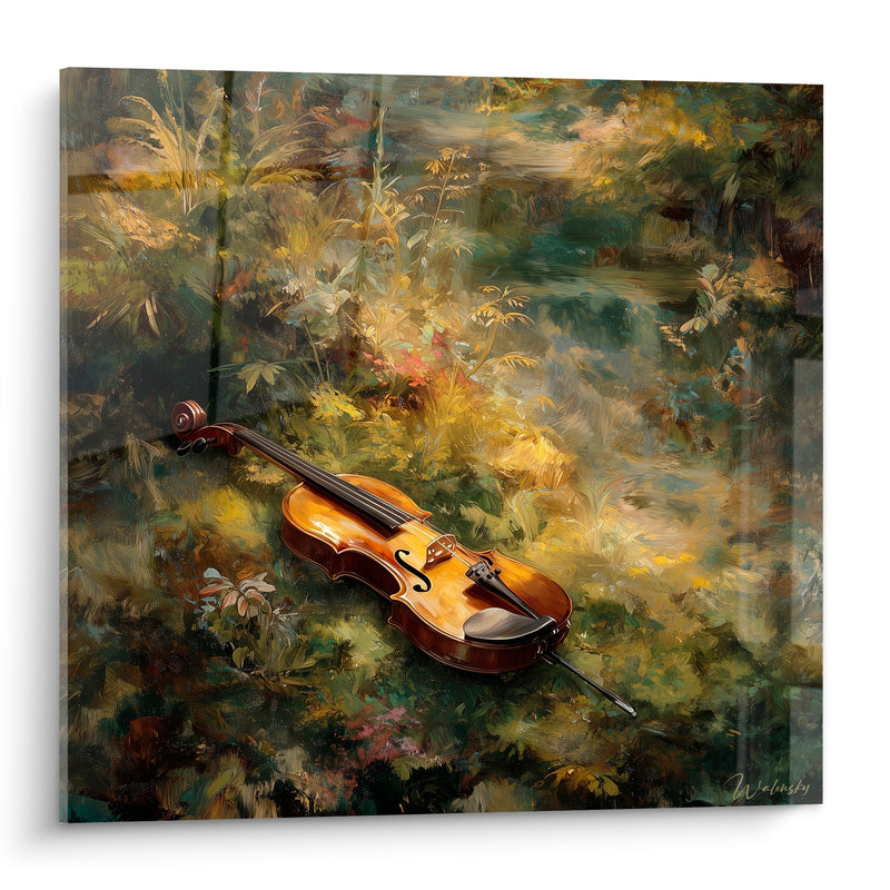 Tableau Musique violon ambré posé sous feuillage vert - Silence après la note - Edition Musique