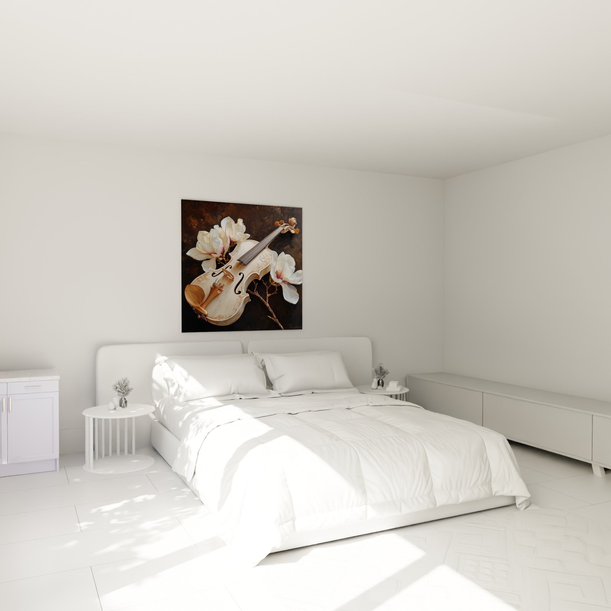 Instrument à cordes ivoire et fleurs roses accroché au-dessus d'un lit dans une chambre claire