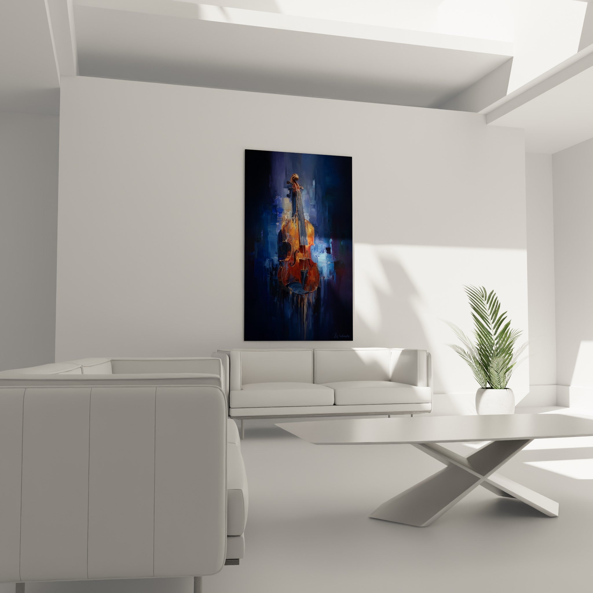 Caisse de résonance ambre et fond anthracite du violon, disposée au-dessus d'un canapé dans un salon lumineux