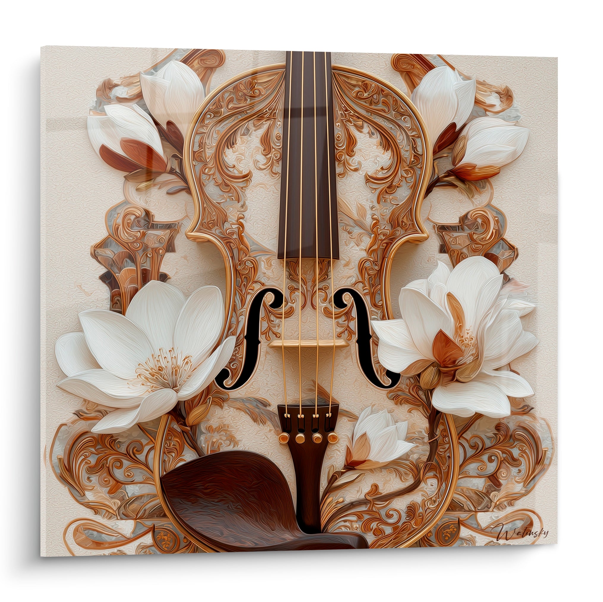 Violon doré orné de volutes baroques entouré de magnolias blancs et bruns sur fond ivoire