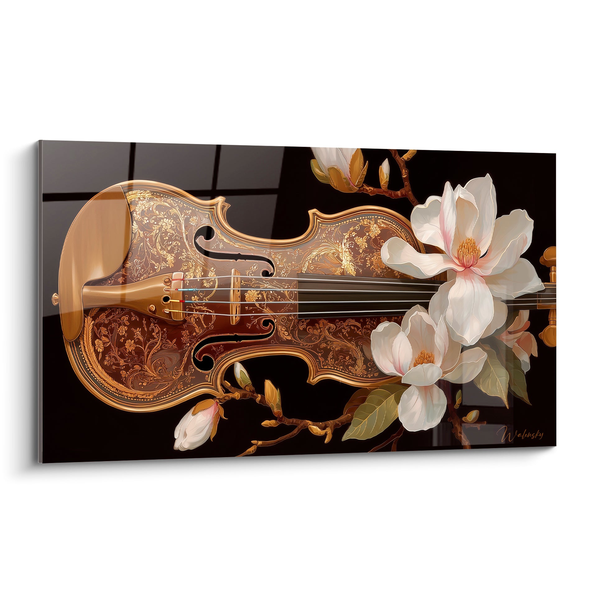 Violon doré orné de motifs floraux, magnolias blancs et roses sur fond noir profond