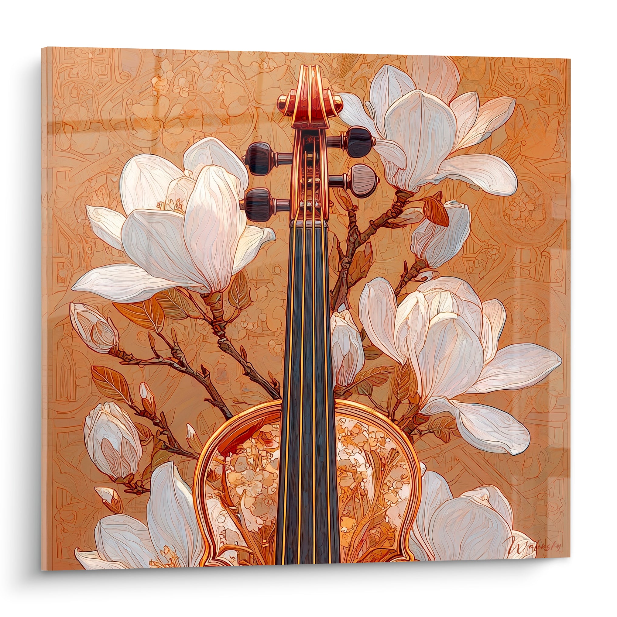 Violon ambré et magnolias blancs entrelacés sur fond ocre gravé, composition Musique raffinée