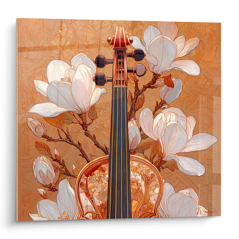Tableau Musique violon doré magnolias blancs épanouis - Sérénade florale - Edition Musique