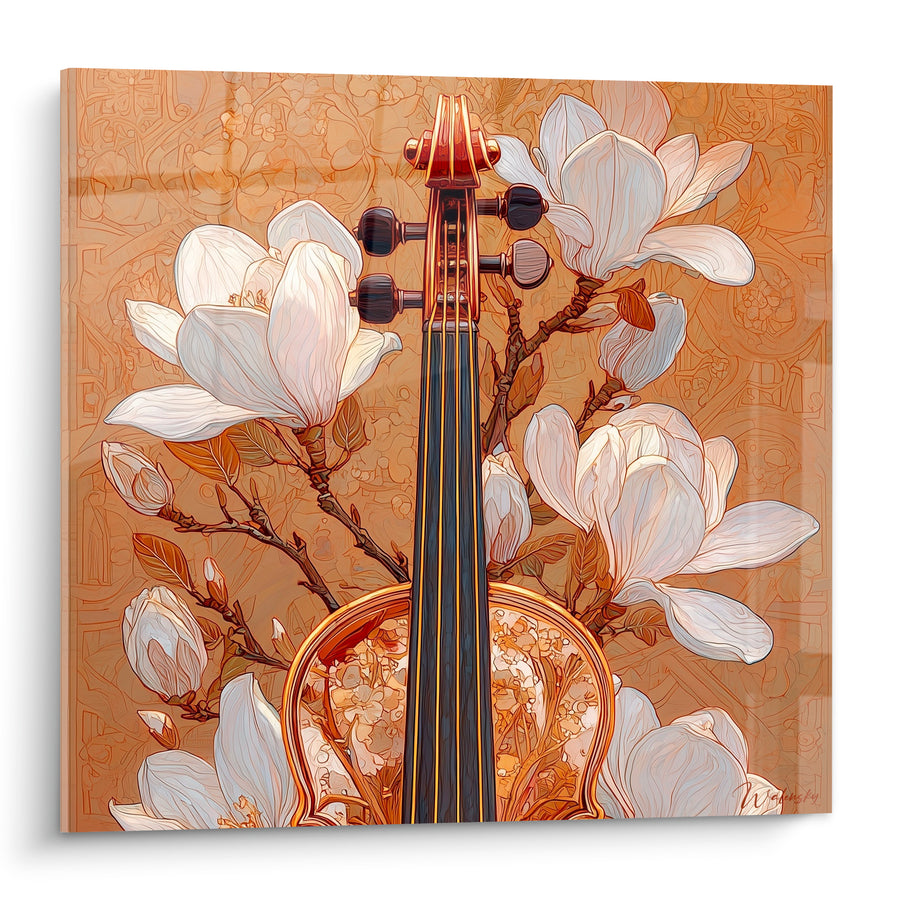 Tableau Musique violon doré magnolias blancs épanouis - Sérénade florale - Edition Musique