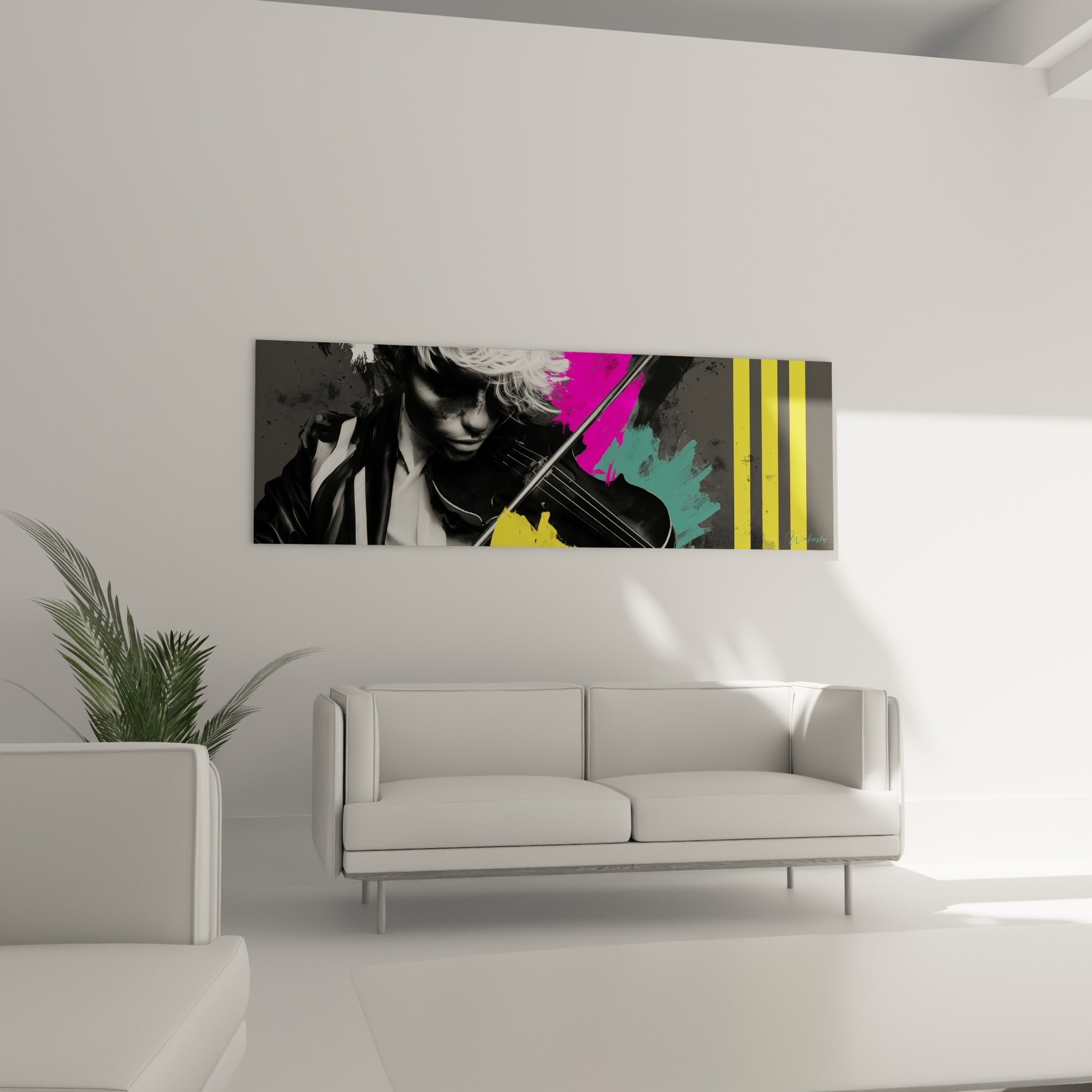 Archet suspendu sur les cordes d'un violon, explosion fuchsia et jaune, au-dessus d'un canapé dans un salon lumineux