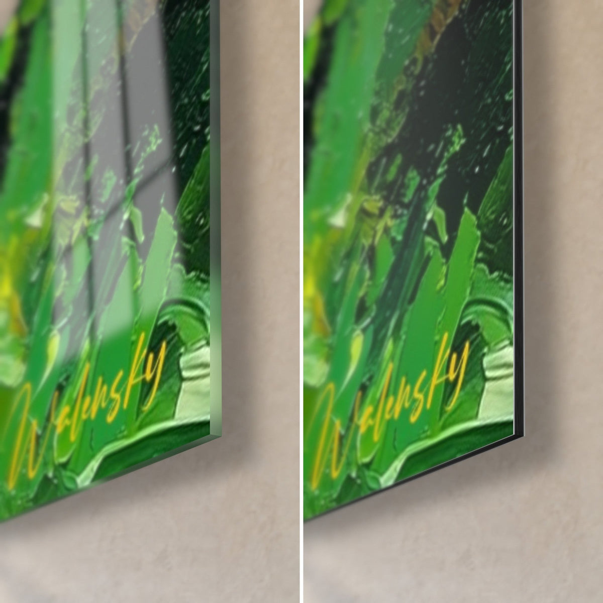 Schilderij Snaarinstrument in oranje en groen, rechter onderhoek: glanzend acrylglas links, mat zwart Dibond rechts, dunne rand