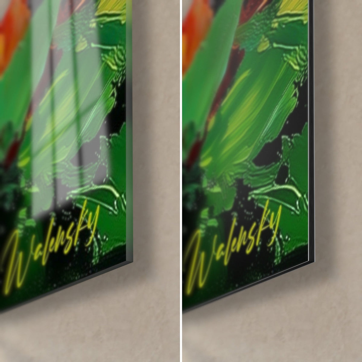 Tableau violon orangé et feuilles vert vif, coin bas droit : verre acrylique brillant à gauche, alu Dibond mat à droite, tranche de 3 mm