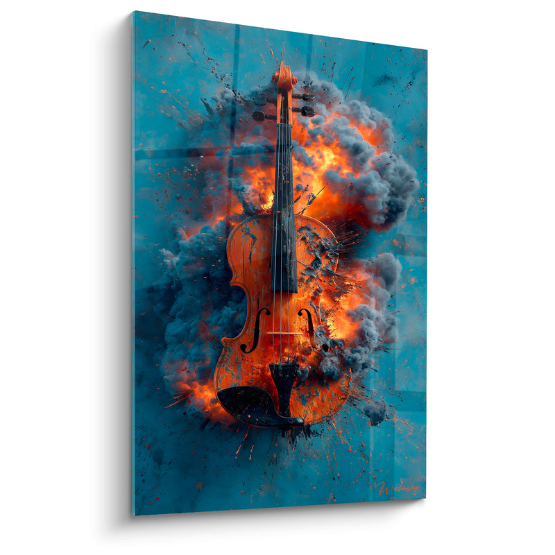 Tableau Musique bleu pétrole et orange feu embrasé - Fumée noire et flammes - Edition Musique