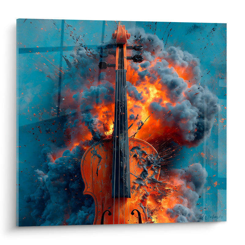 Tableau Musique violon ambré et bleu explosion enflammée - Nuage de fumée - Edition Musique