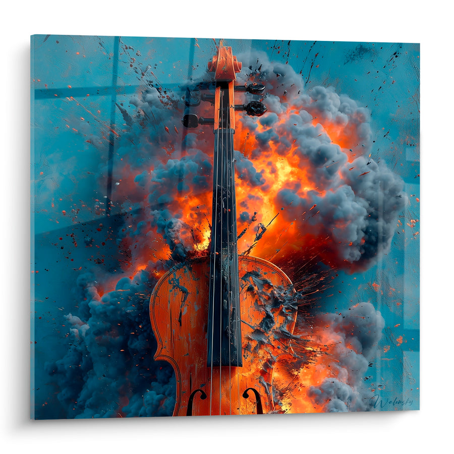 Tableau Musique violon ambré et bleu explosion enflammée - Nuage de fumée - Edition Musique