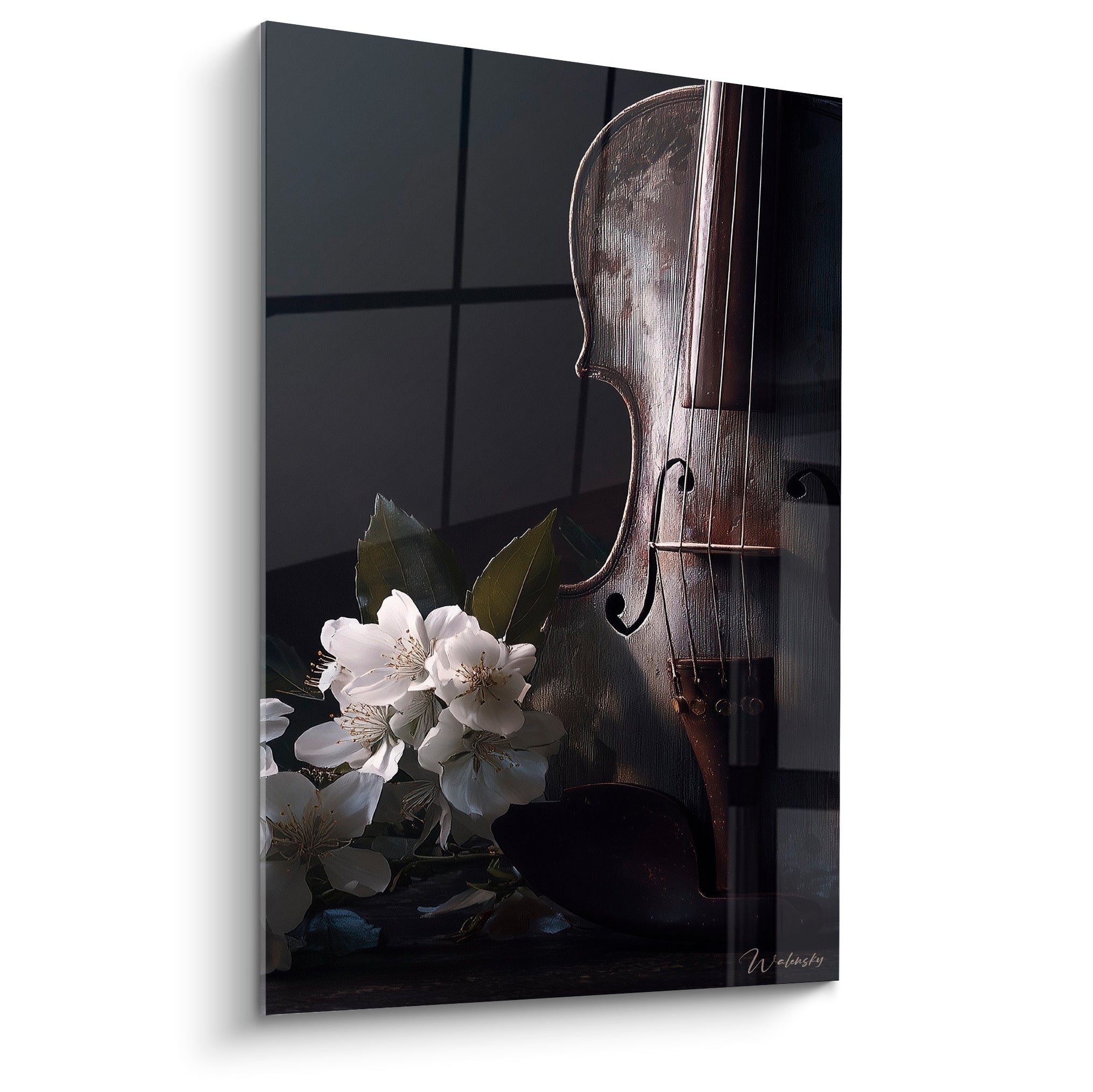 Violon brun fauve patiné et fleurs blanches délicates sur fond anthracite dans une composition photographique