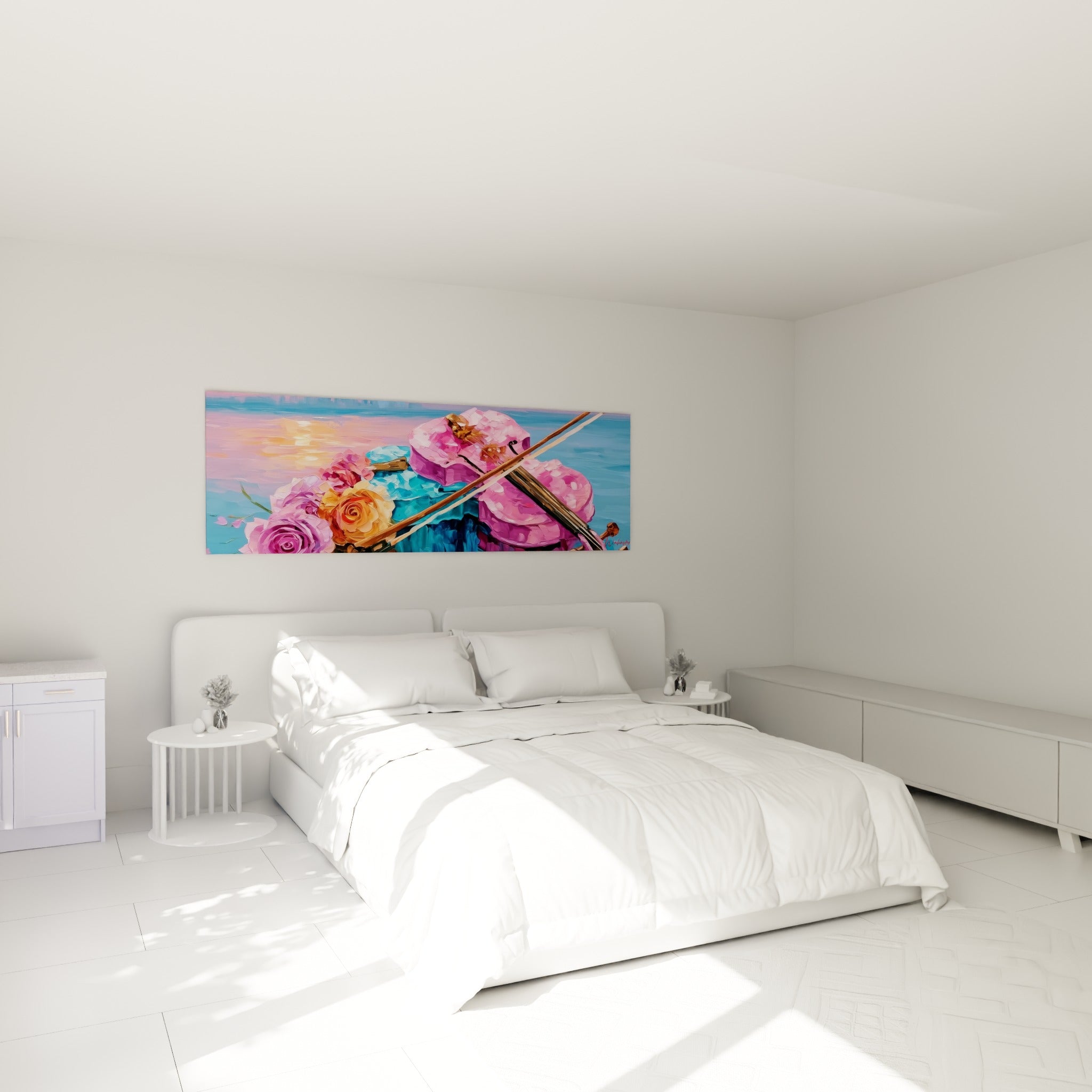 Instrument à cordes rose vif et roses pourpres surplombant un lit dans une chambre claire