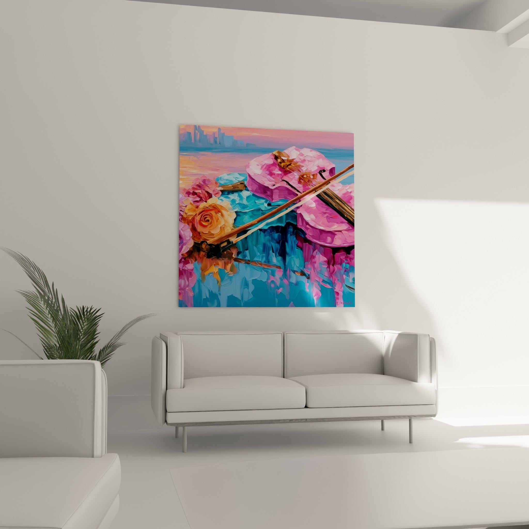 Instrument à cordes rose et turquoise mêlé à des fleurs ocre, suspendu au-dessus d'un canapé dans un salon lumineux