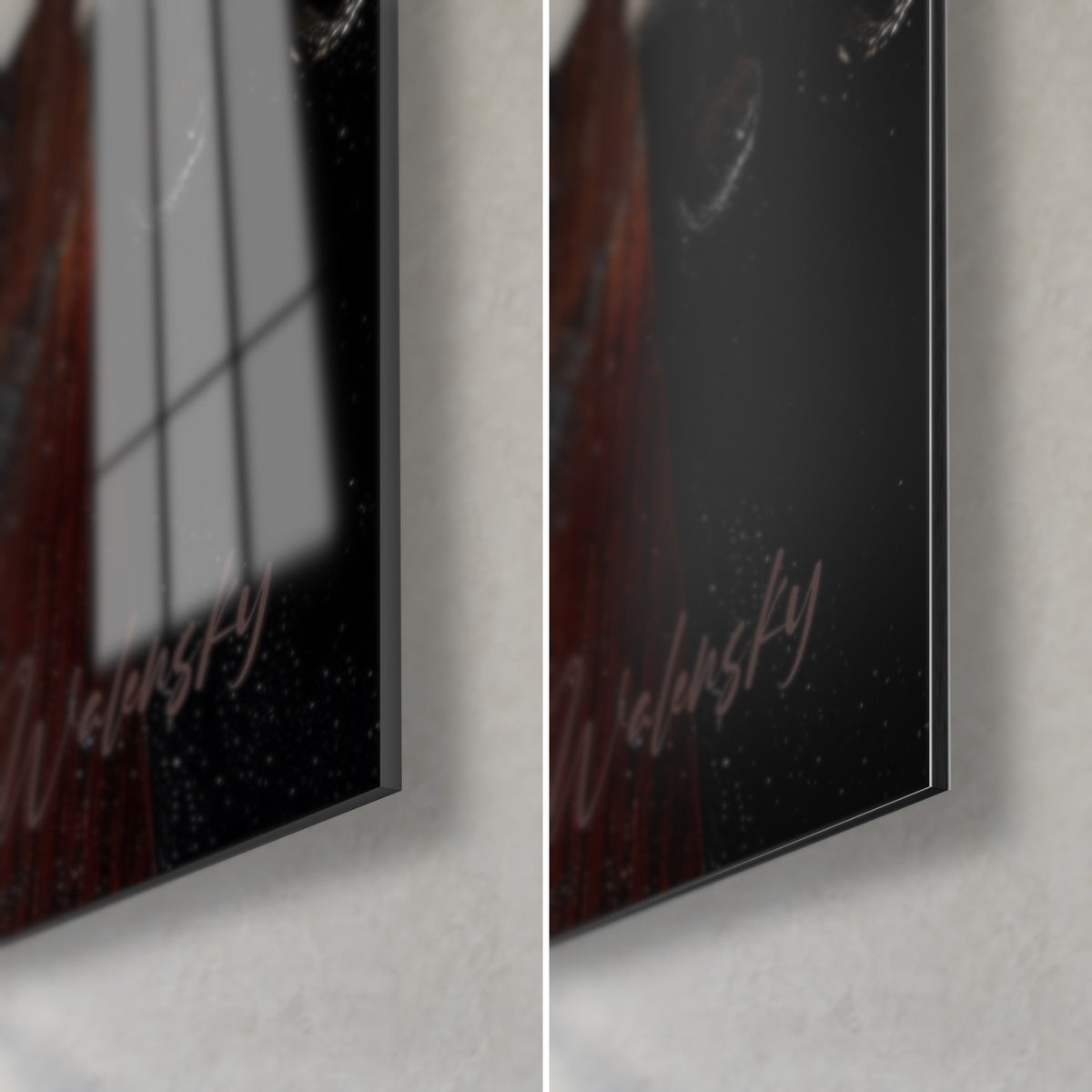 Tableau magnolia blanc sur violon, coin bas droit : verre brillant à gauche, Dibond mat noir et cuivré à droite