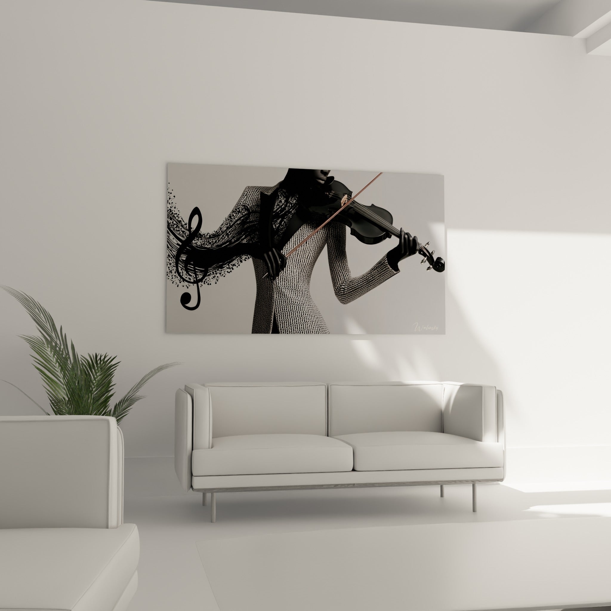 Silhouette au violon noir et vêtement métallisé gris, tableau au-dessus d'un canapé dans un salon lumineux