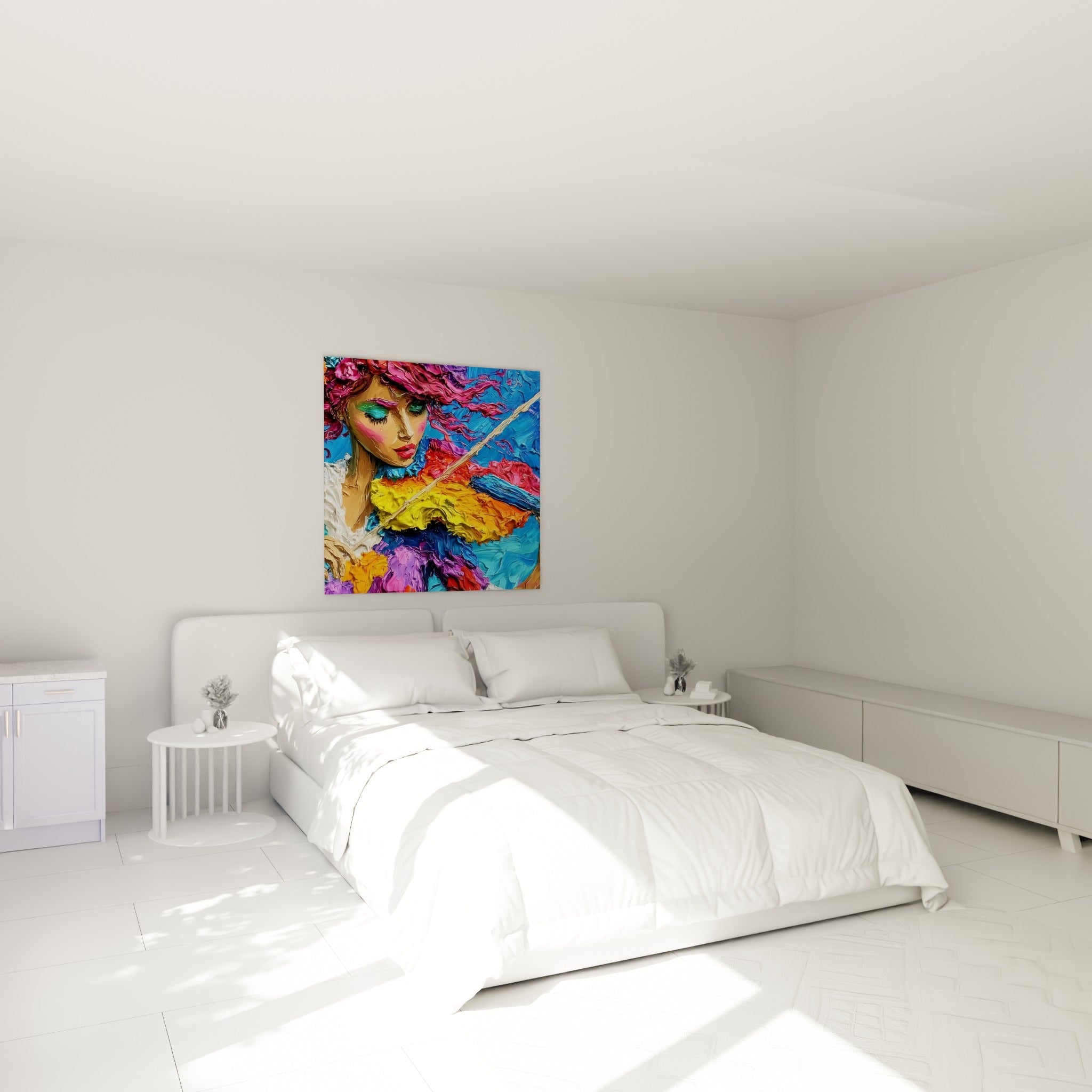 Musicienne au violon coloré, touches jaune et pourpre, accrochée au-dessus d'un lit dans une chambre claire