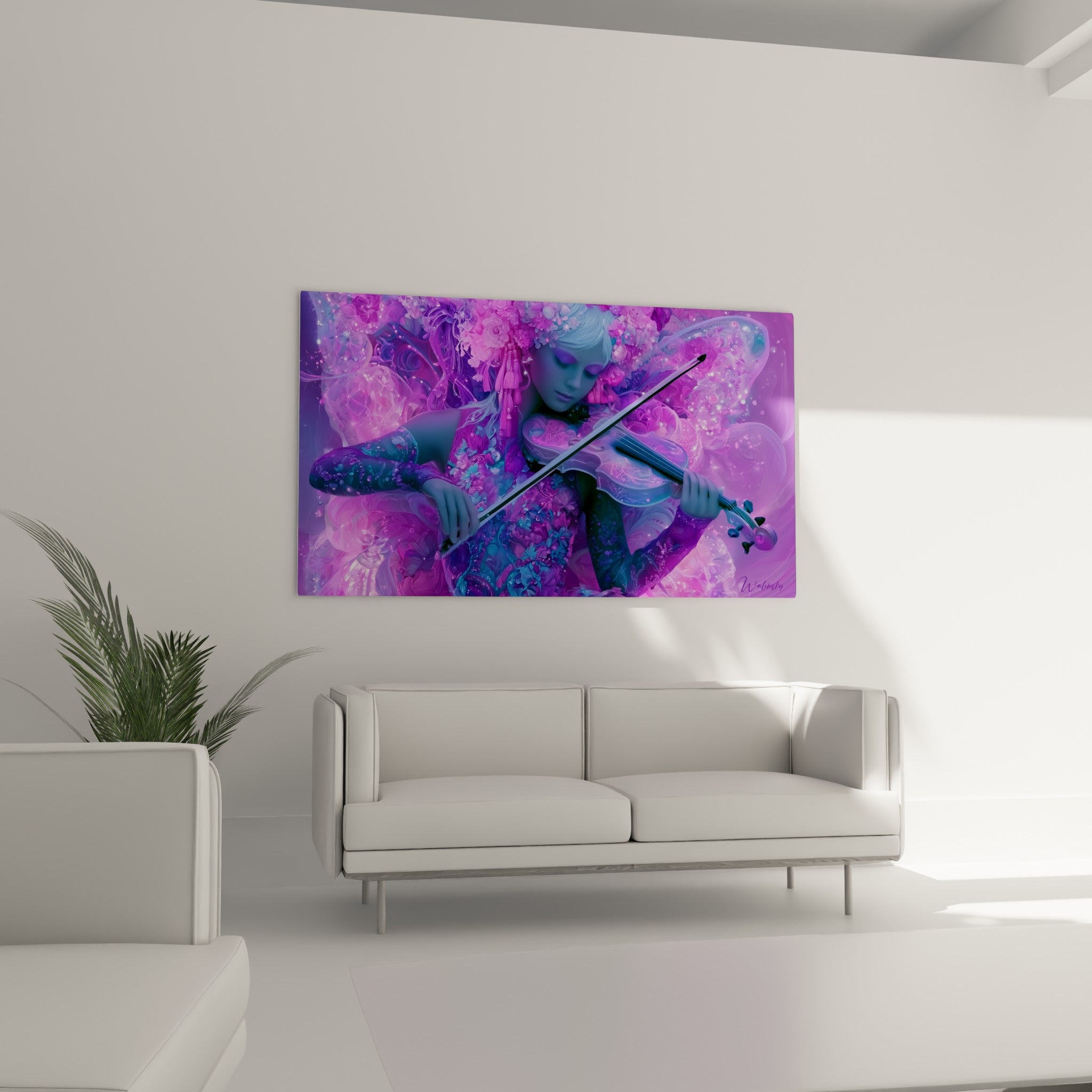 Silhouette florale violette au violon, teintes lilas et bleu pastel, au-dessus d'un canapé dans un salon lumineux
