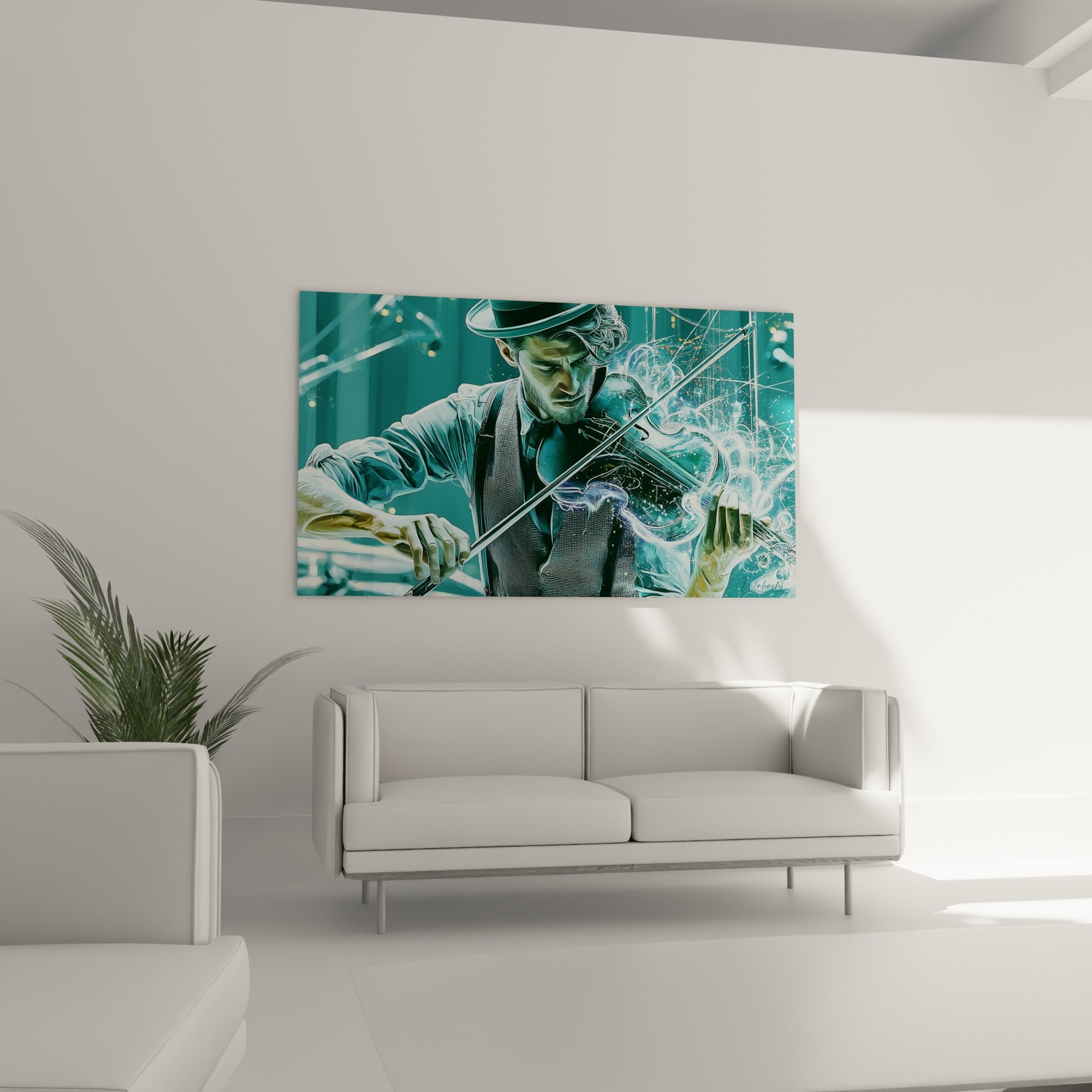 Archet en mouvement sur violon lumineux, tons bleu pétrole et anthracite, au-dessus d'un canapé dans un salon lumineux