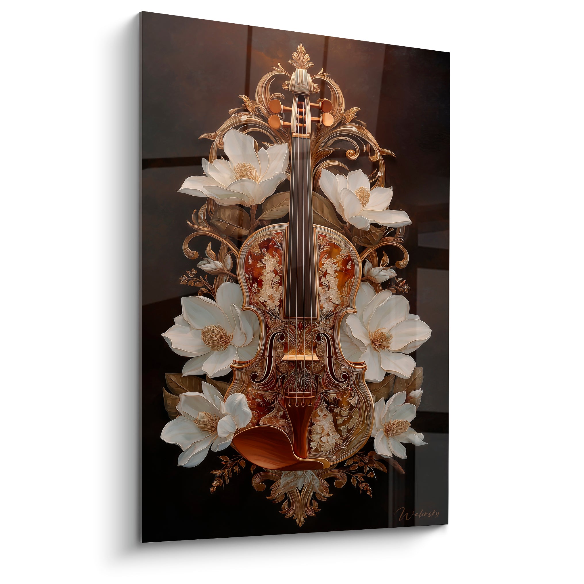 Violon Musique orné de magnolias blancs et volutes dorées sur fond brun anthracite profond