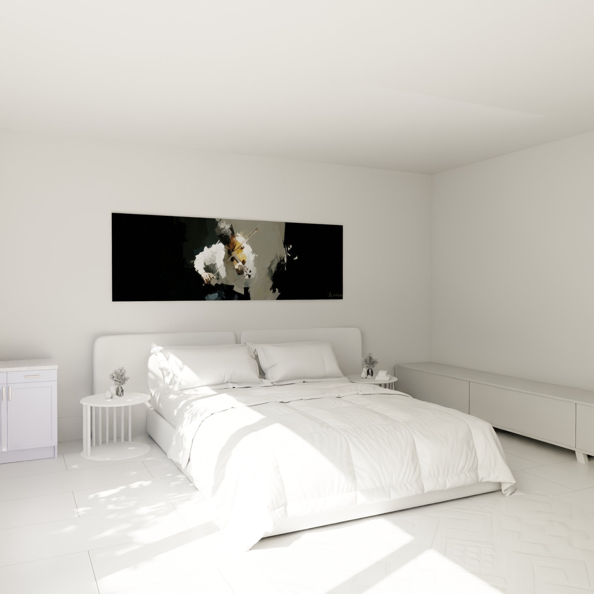 Musicien à l'archet levé, empâtements blancs et touche dorée, au-dessus d'un lit dans une chambre claire