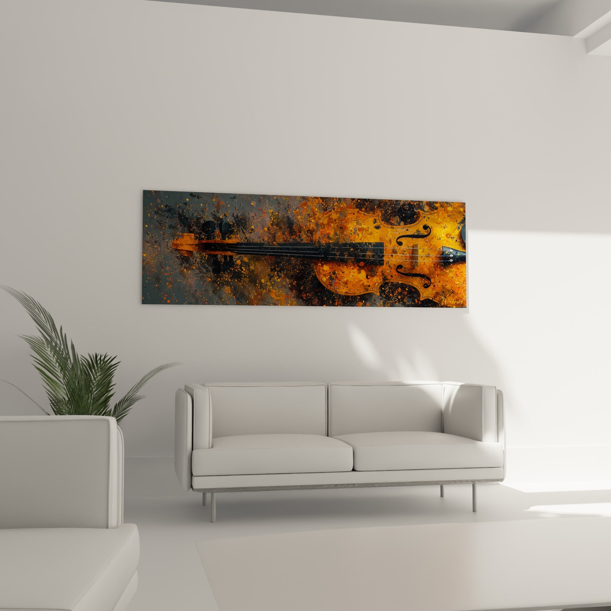 Violoncelle stylisé ocre et gris texturé au-dessus d'un canapé dans un salon lumineux