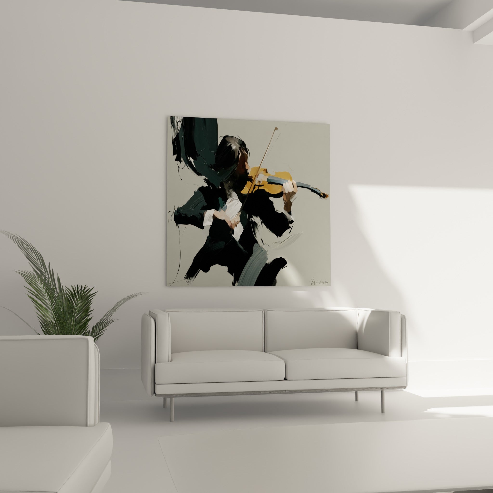 Violoniste expressif en touches noires et ocre, geste musical saisi, au-dessus d'un canapé dans un salon lumineux