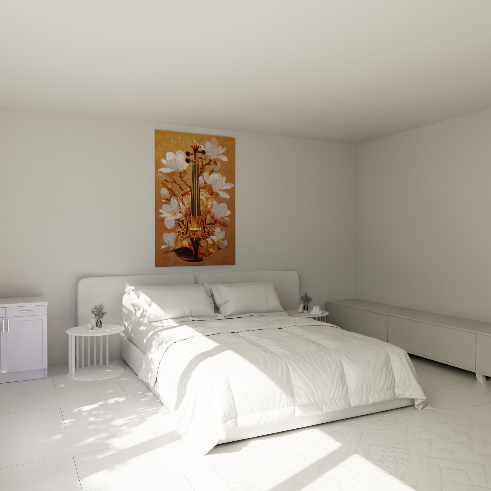 Instrument à cordes doré et fleurs blanches délicates au-dessus d'un lit dans une chambre claire