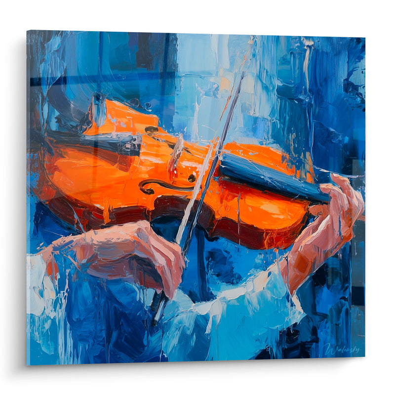 Tableau Musique violon orange et bleu mains jouant - Archet en tension - Edition Musique