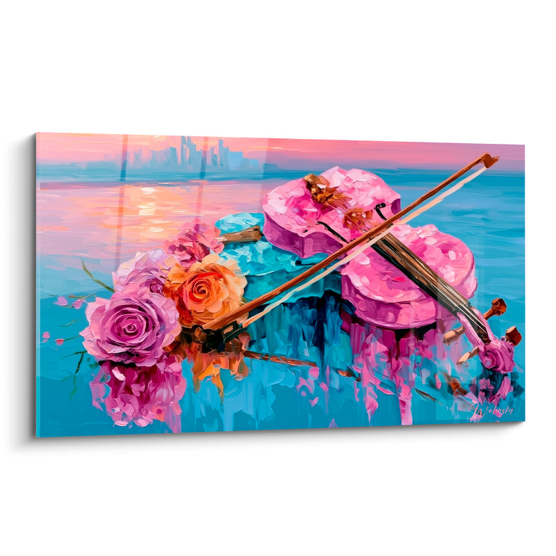 Tableau Musique rose et bleu roses flottantes reflet - Silhouette urbaine au loin - Edition Musique