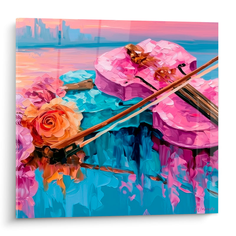 Tableau Musique violon rose et bleu turquoise fleuri - Sérénade au crépuscule - Edition Musique