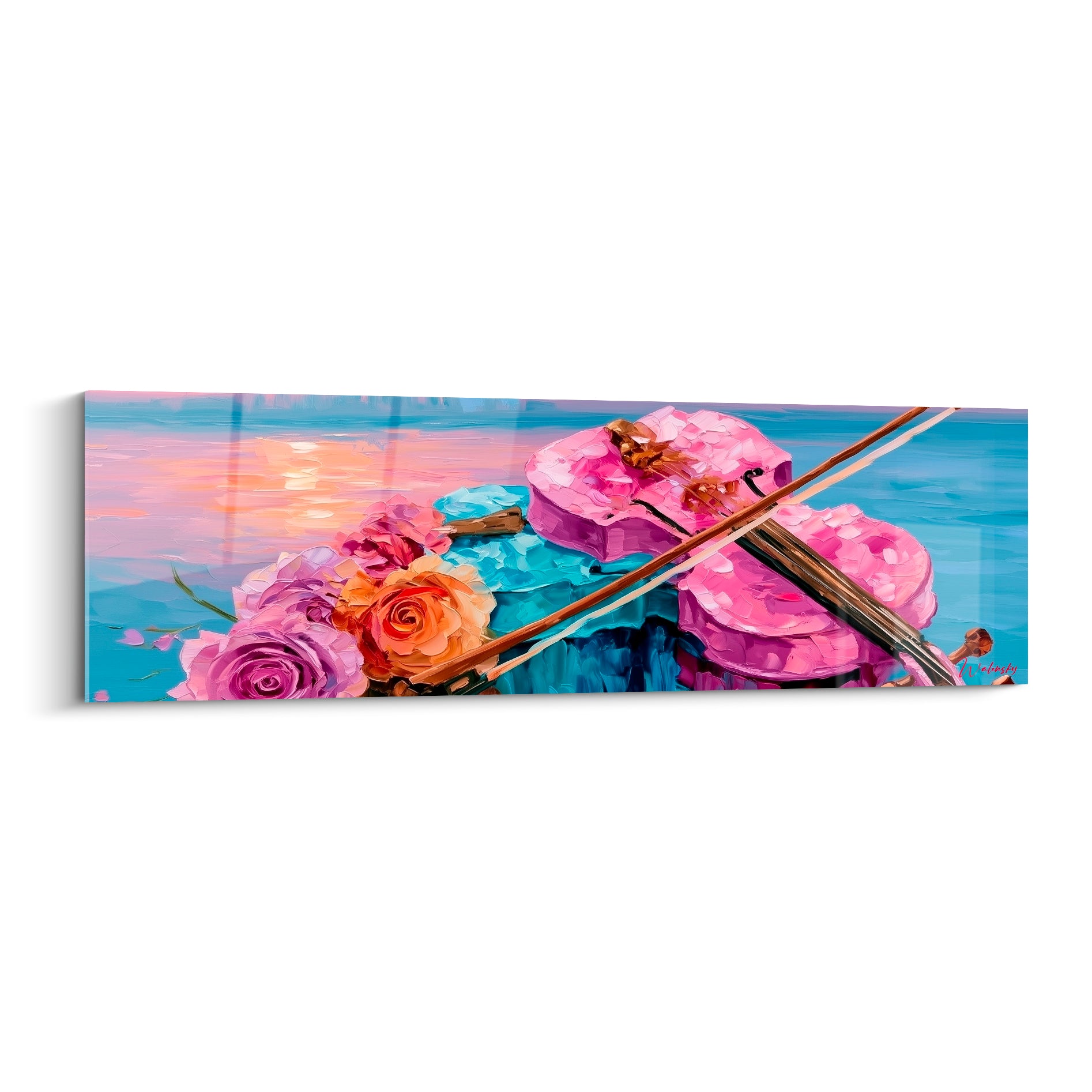 Violon rose et turquoise entouré de roses orangées, peinture au couteau texturée sur ciel dégradé