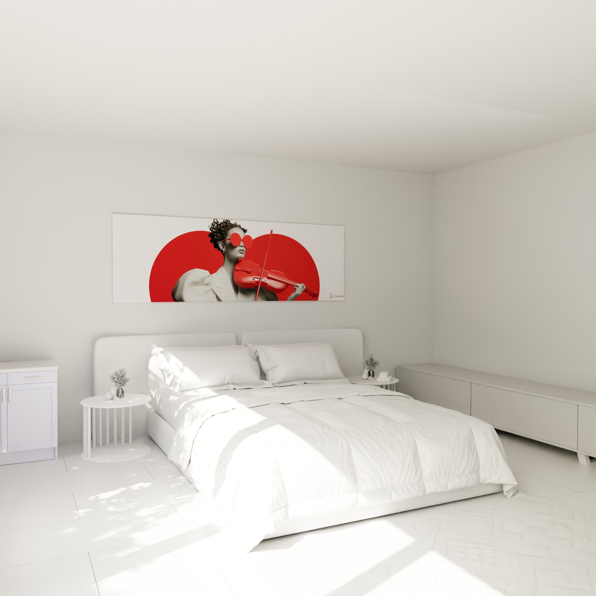 Musicienne au violon rouge intense sur fond ovale écarlate, au-dessus d'un lit dans une chambre claire