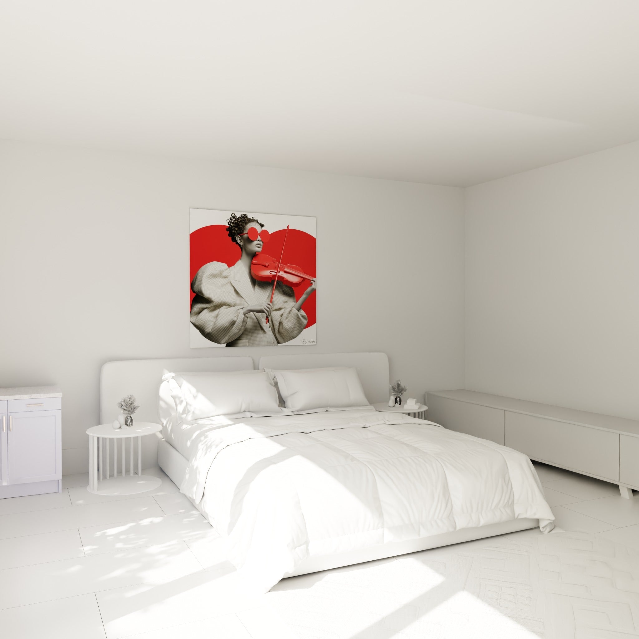 Silhouette en manteau écossais tient un violon rouge éclatant, accrochée au-dessus d'un lit dans une chambre claire