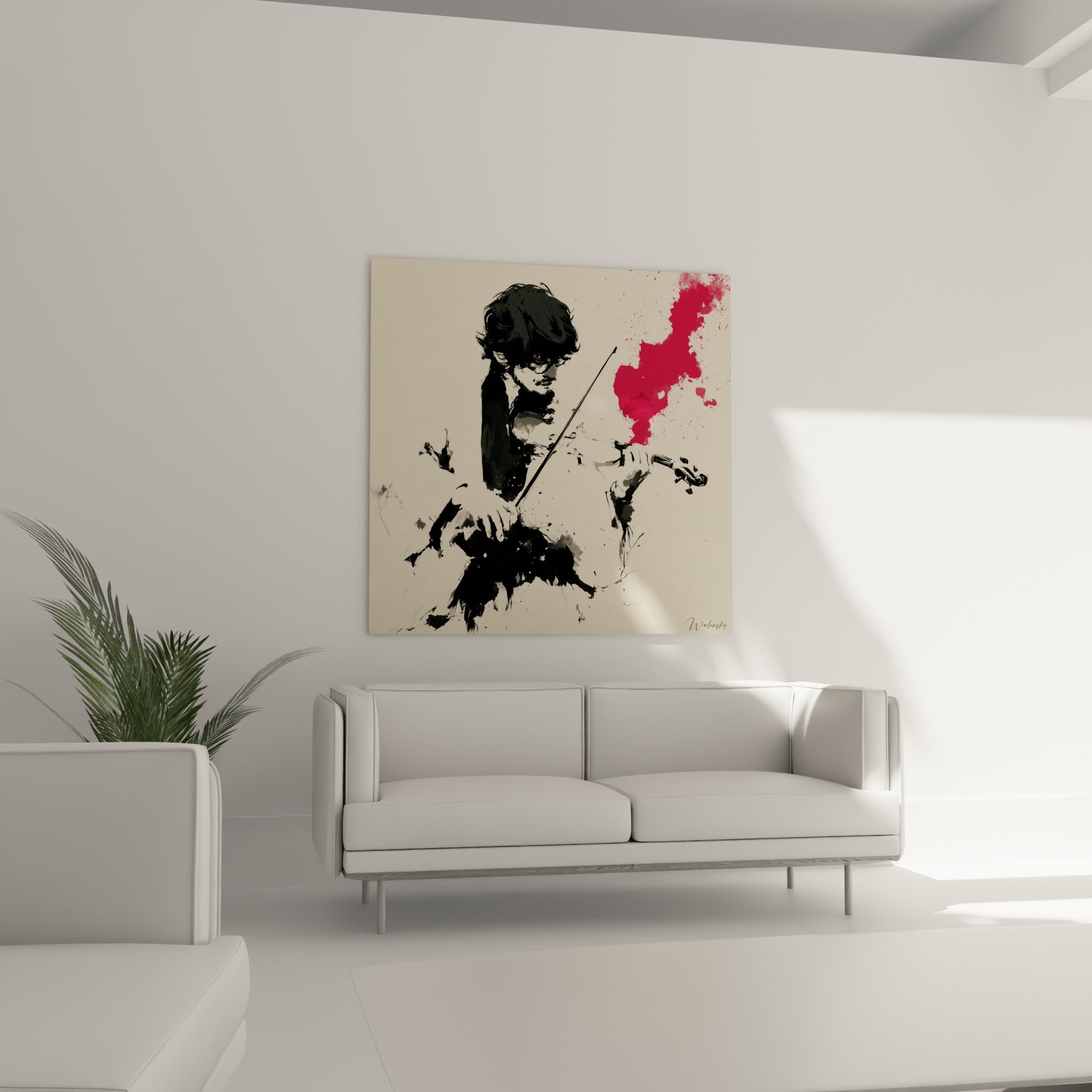 Archet et éclaboussure écarlate du violoniste noir suspendus au-dessus d'un canapé dans un salon lumineux